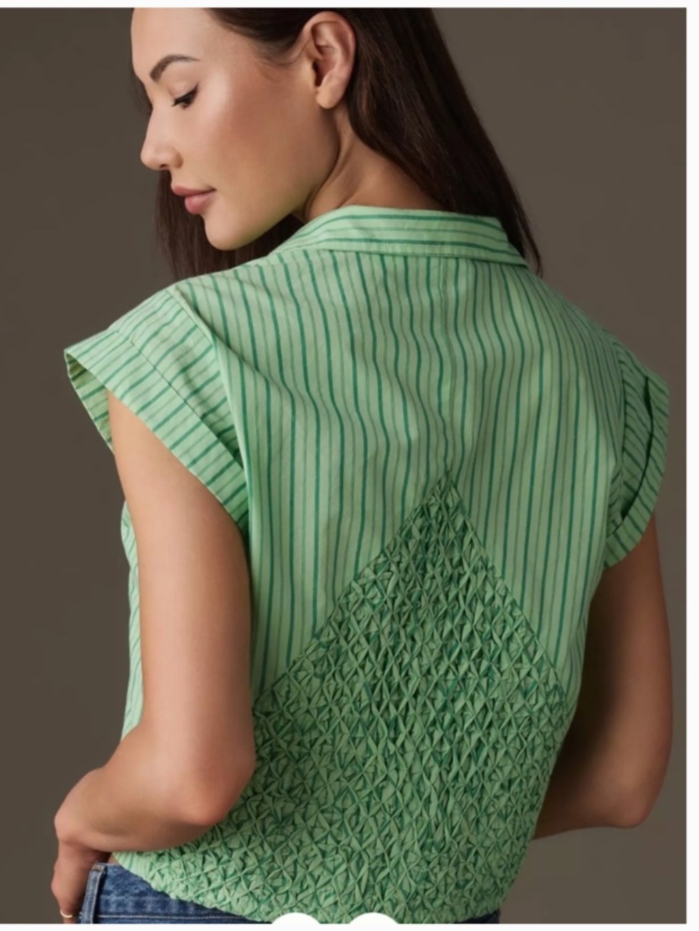 Maeve Collared Shrunken Button Down Blouse in Green Striped Size Large - Picture 2 of 7